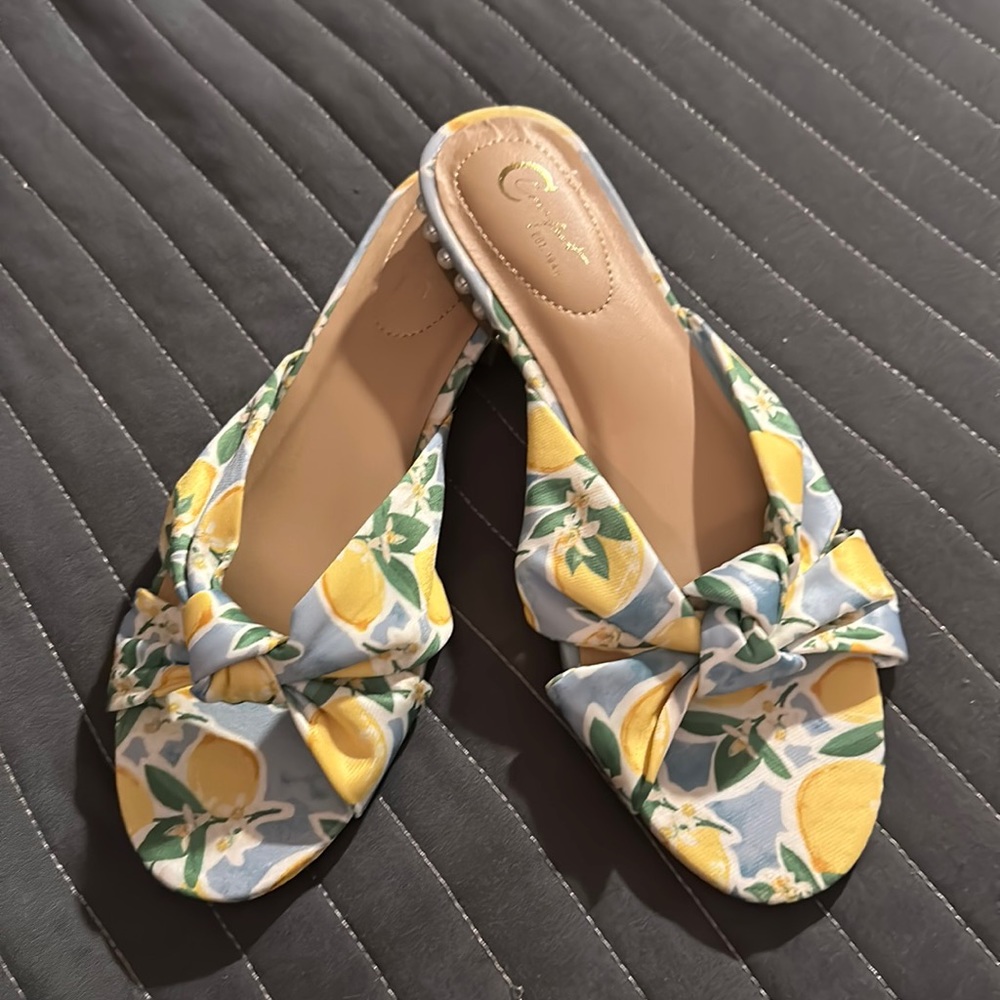Comfort soul, lemon, yellow, baby blue and green slides lined with a pearl heel